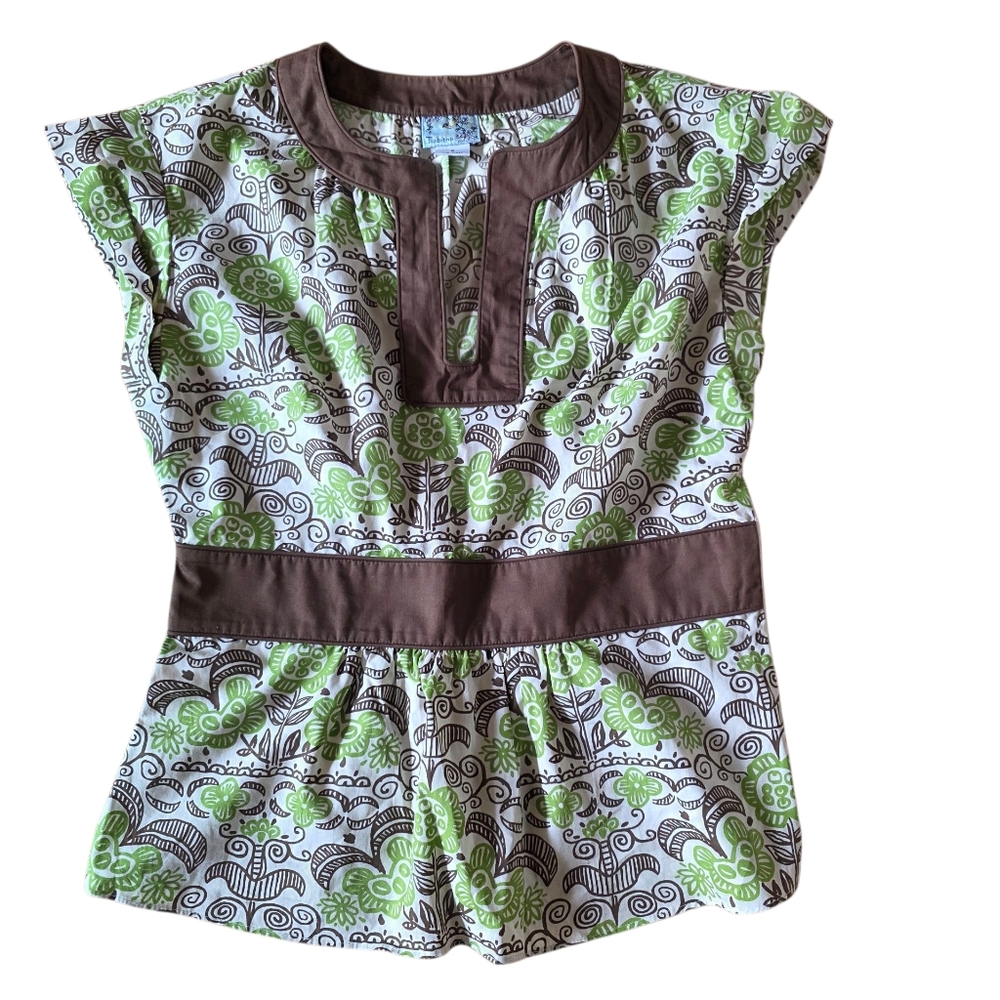 Tabitha Boho Print Blouse Side Zip Closure Size 6 Green Brown & White